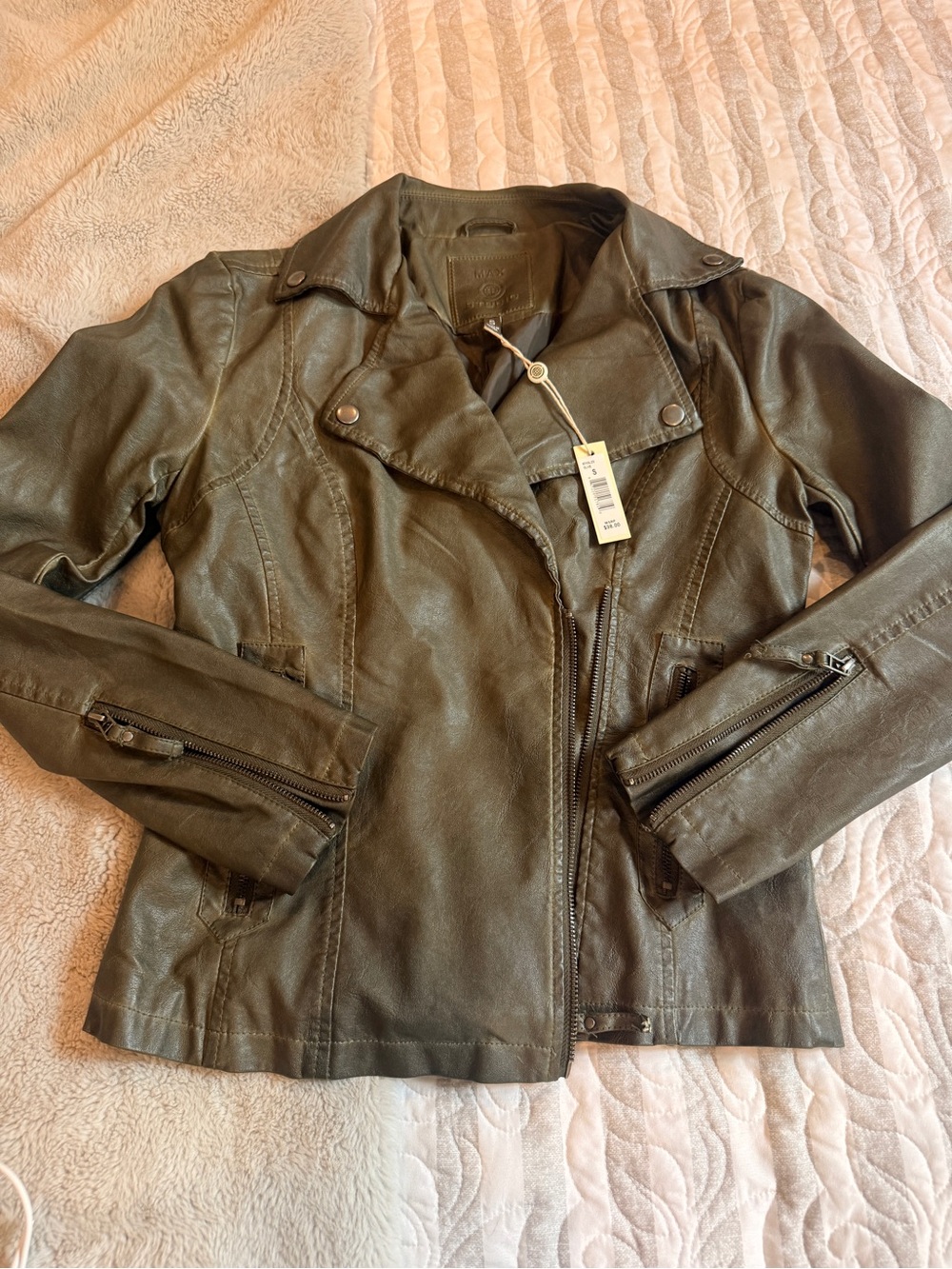 Max Studio Olive Green Faux Leather Moto Jacket size S nwt
